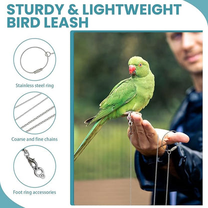LELE LIFE 2 Pack 39in Bird Leash with 5 Sizes Ankle Rings, Stainless Steel Anti-Bite Parrot Bird Harness Flying Toy Training Chain Leg Rope Outdoor Parrot Alloy Foot Ring