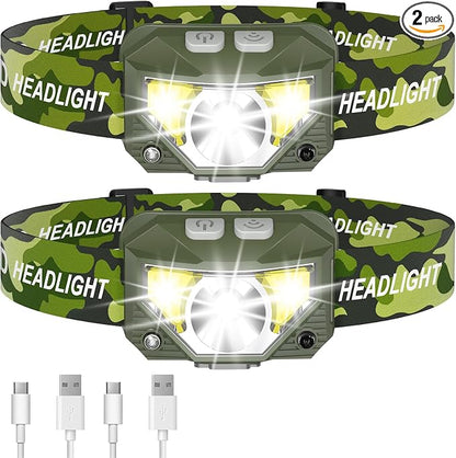LHKNL Headlamp Flashlight, Lumen Ultra-Light Bright LED Rechargeable Headlight with White Red Light,2-Pack Waterproof Motion Sensor Head Lamp,8 Mode for Outdoor Camping Running Fishing- Green