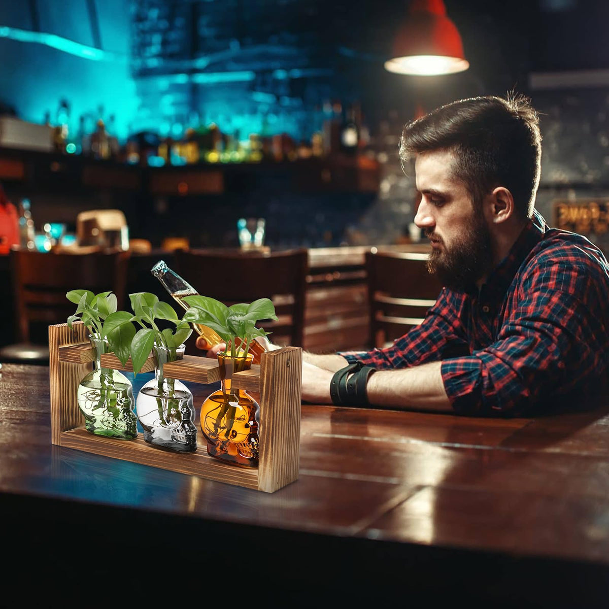 Plant Terrarium Propagation Stations Hydroponics Halloween Skull Planter Vase Skulls Decor with Wooden Stand Gift for Father