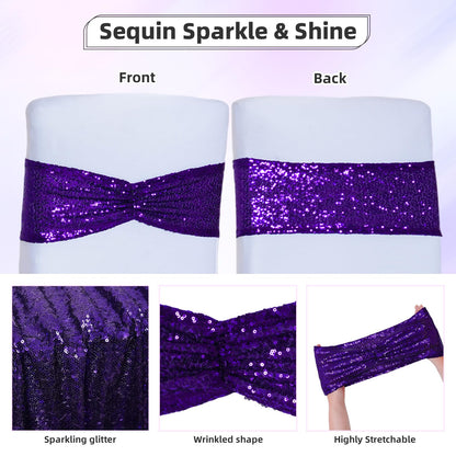 Poise3EHome Purple Sequin Chair Sashes,100 PCS Folding Chair Covers Bow for Halloween Wedding Party Reception Decorations