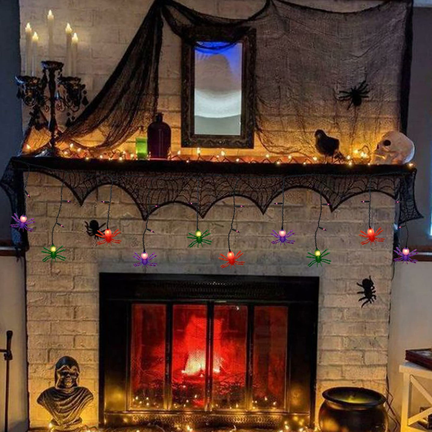 Bokoiuu Halloween Spider Lights 7FT, Spider Curtain Lights with 10 Spider Bulbs and 15 Mini Purple Bulbs, Plug in Hanging String Lights for Halloween Curtain Window Porch Indoor Outdoor Decor