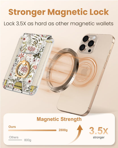 Shorogyt Compatible with Magsafe Wallet with Grip Magnetic Card Holder - Cute Phone Wallets with Ring Stand for iPhone 17/16/15/14/13/12 Series for Women Girls, Fit 7 Cards, Flower
