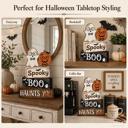 4 Pcs Halloween Decorations, Wooden Ghost and Pumpkin Block Signs Featuring Glasses Design, Farmhouse Cute Halloween Tiered Tray Decor, Spooky Boo Haunts You Table Centerpiece for Home Office Mantel Kitchen Shelf