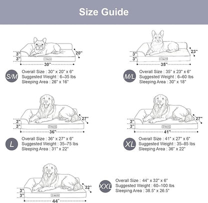 Rainmr Orthopedic Dog Beds for Large Dogs, Memory Foam Dog Beds Large Sized Dogs, Washable Removable Cover, Nonskid Bottom, Waterproof, for Indoor, Outdoor, Crate ＆ Car Use, 44x32x6 Inches, Light Grey