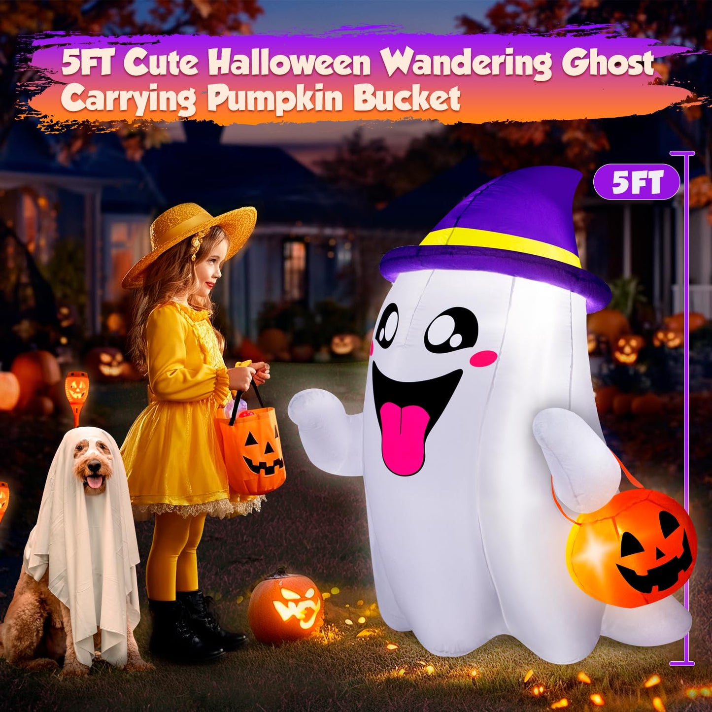 5FT Halloween Inflatables Ghost with Pumpkin Halloween Decorations Outdoor Built-in Bright LED Lights Blow Up Yard Decoration Blowups for Garden Lawn Indoor Party Holiday