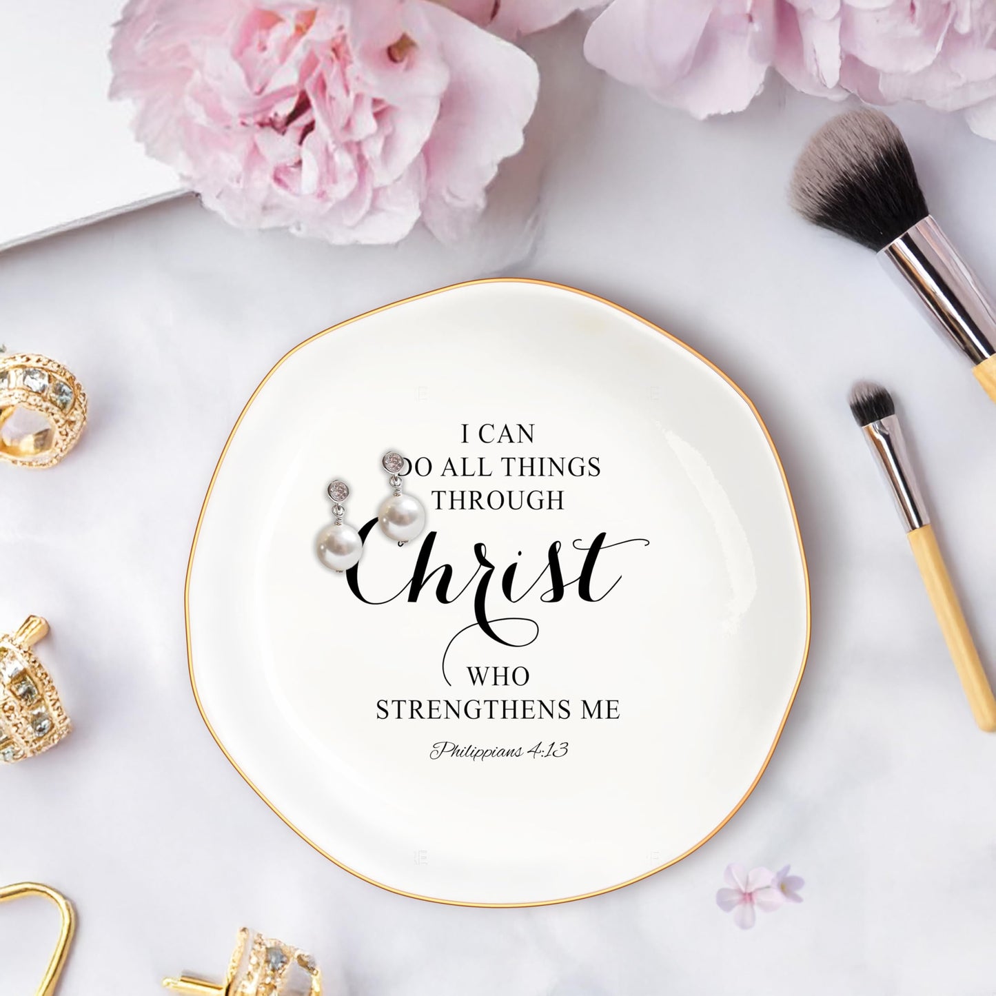 Christian Gifts for Women, Bible Verse Ceramic Jewelry Dish Trinket Ring Tray, Inspirational Floral Gift for Mom Sister Friend Birthday Christmas-I Can Do All Things Through Christ (White-Christ2)