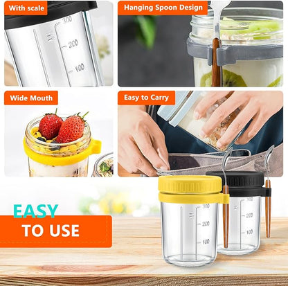 Overnight Oats Container - Yogurt Oatmeal Glass Canning with Lids and Spoon, 10 oz Cereals, Milk, Fruit Salad, with Measurement Marks (White+grey)