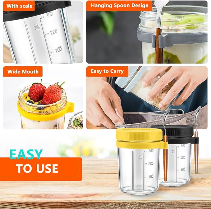 Overnight Oats Containers with lids and spoon Set of 2 Jars 12oz Airtight Container with Measurement Marks, Reusable On The Go Cups for Cereal Yogurt, Milk, Salads, Fruit(White)