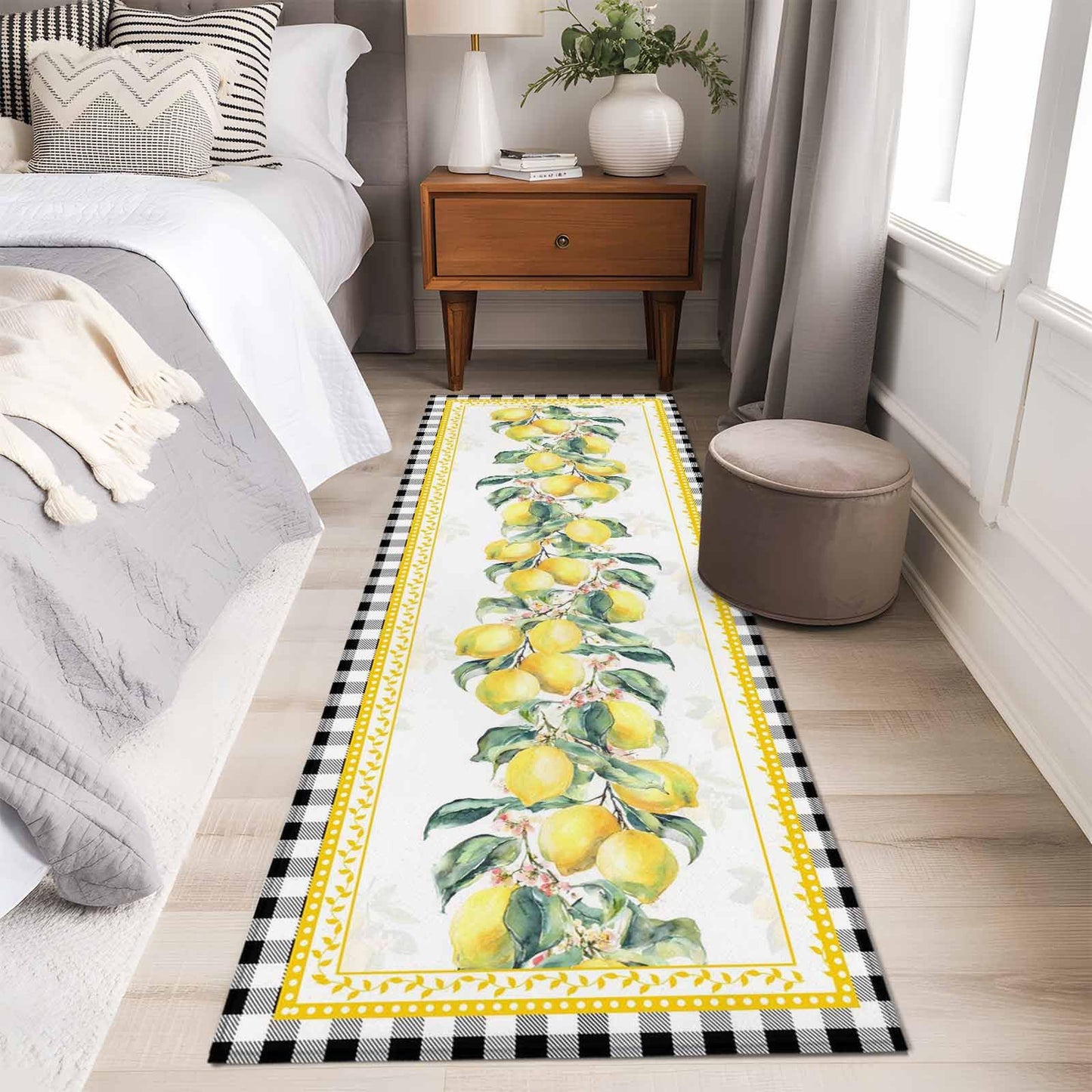2'x6' Runner Rug, Yellow Lemon Washable Non-Slip Area Rugs for Hallway Kitchen Floor Bedroom Entryway, Summer Botanical Black White Plaid Pastoral StainResistant Laundry Carpet Decoration Indoor Mat