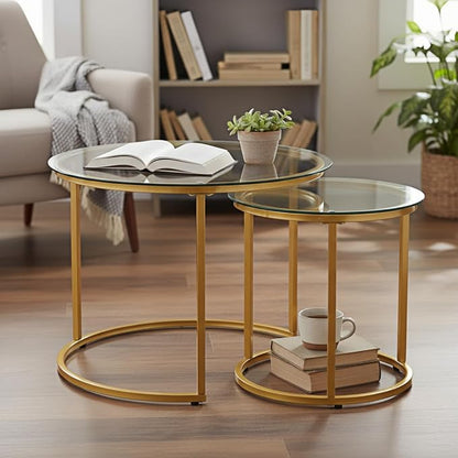 Round Nesting Coffee Table Set of 2, Modern Glass Nesting Tables, Stacking Minimalist End Table for Living Room Bedroom Small Space, Clear Tempered Glass and Gold