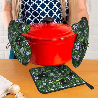 Spring Funny Black Cat Hot Pads and Oven Mitts Heat Resistant,Green Oven Gloves Pot Holders Set for Cooking Baking Grilling BBQ,Cute Cat Lover & Baking Gifts for Women