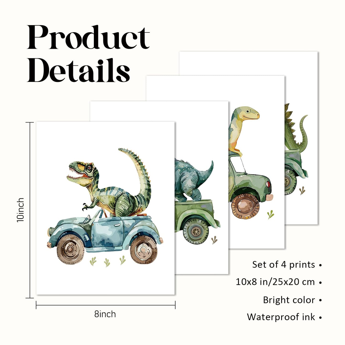 VONTP Dinosaur Nursery Wall Art Decor, Green Dino Construction Truck Boys Room Artwork for Kids Room Nursery Playroom, 8x10 Inch Set of 4 (Unframed)