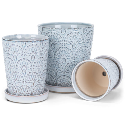 Napco Embossed Scallops White Ceramic Flower Pot Planter with Saucer Set of 3