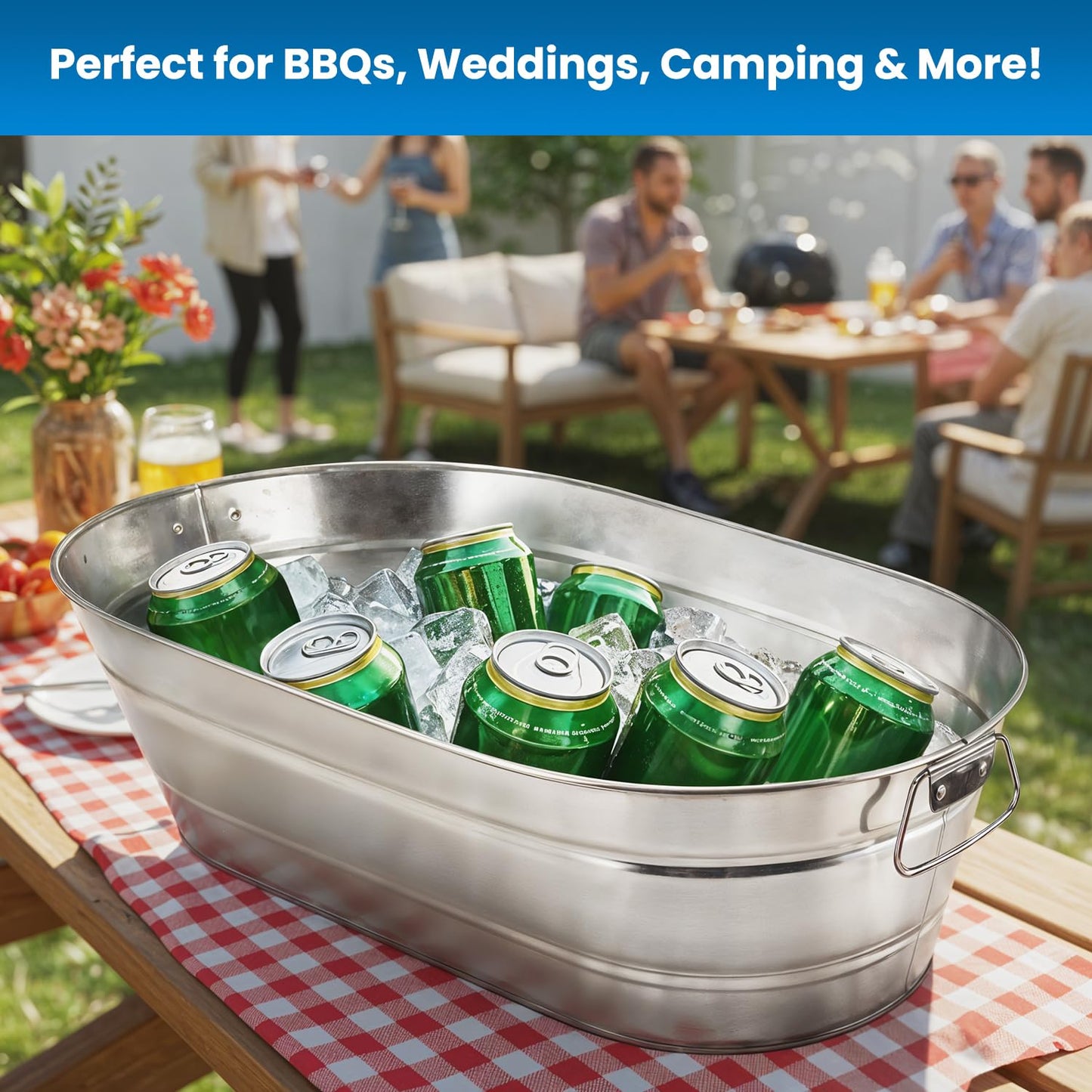 PLEXON Metal Ice Bucket for Parties - Galvanized Tub with Handles - Beverage Tub - Ice Bucket for Cocktail Bar Restaurant - Drink Beer Champagne Chiller Cooler - 5.3 Gallon (20L), Set of 2