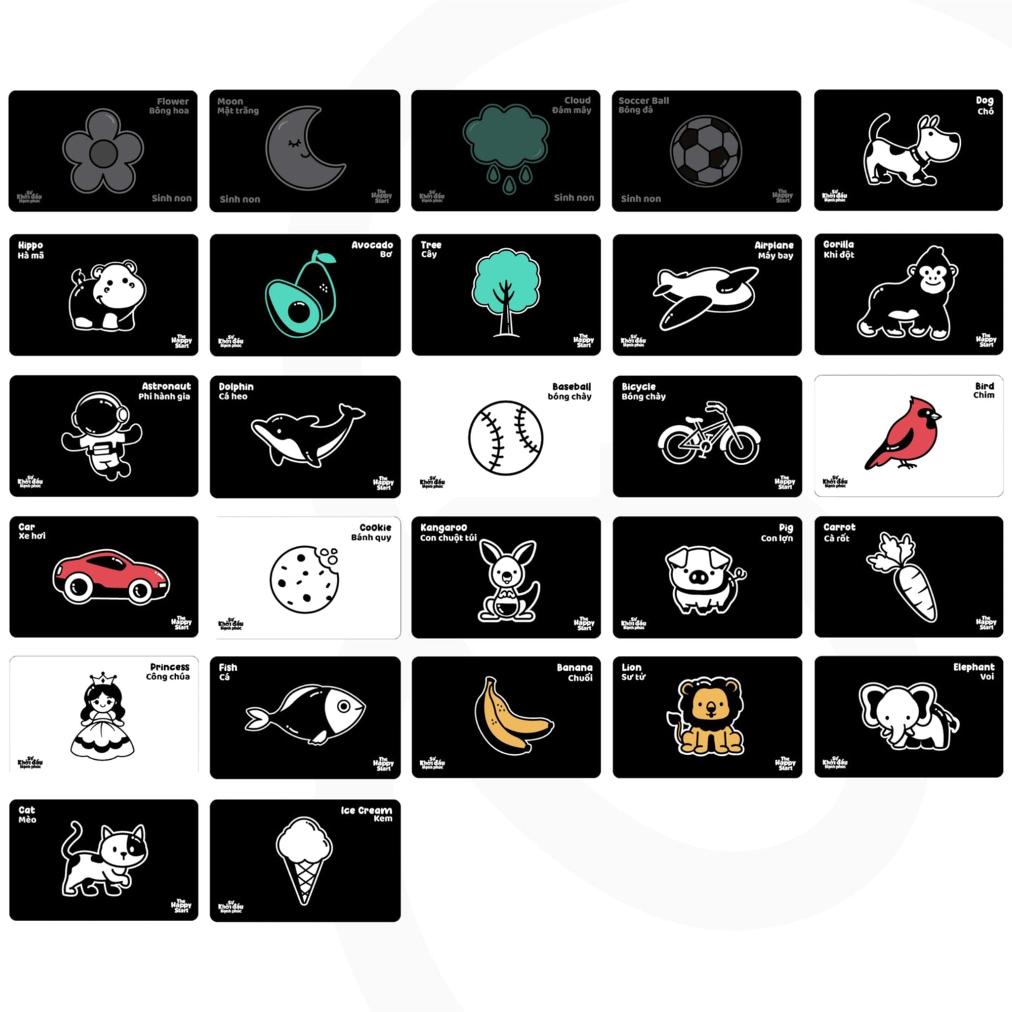 Happy Start High Contrast Baby Cards for Newborns - Black & White Cards, Water-Resistant, BPA-Free, Portable Educational Flashcards for Visual Stimulation, Award-Winning, Ages 0+(English & Vietnamese)