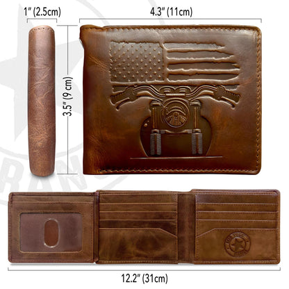 MID WEST RANGE Father's Day Wallet - Patriotic Biker Bifold Wallet with Chain for Men – Distressed Brown Leather, RFID-Blocking w. 10 Card Slots, Flip-Out ID Holder, American Flag & Motorcycle Design