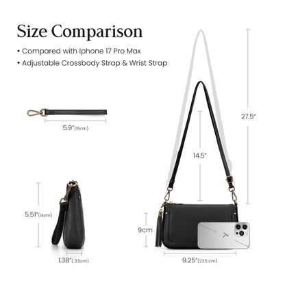befen Genuine Leather Wristlet Wallets for Women, Black Cell Phone Purse with Built in Wallet Soft Real Leather Crossbody Bag with RFID Blocking Small Cluth Purses with Wrist and Crossbody Strap