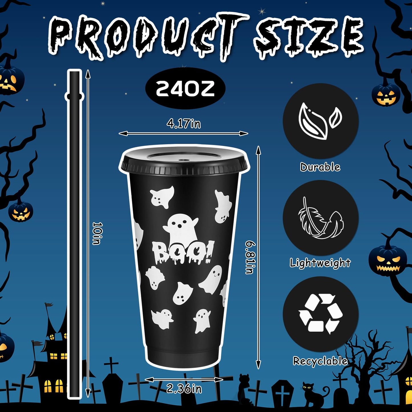 Chuangdi 30 Pack Halloween Plastic Tumbler with Lids and Straws Reusable Plastic Cups Spooky Cups Bulk for Kids Adults Halloween Party Birthday Supplies (24 oz,Ghost)
