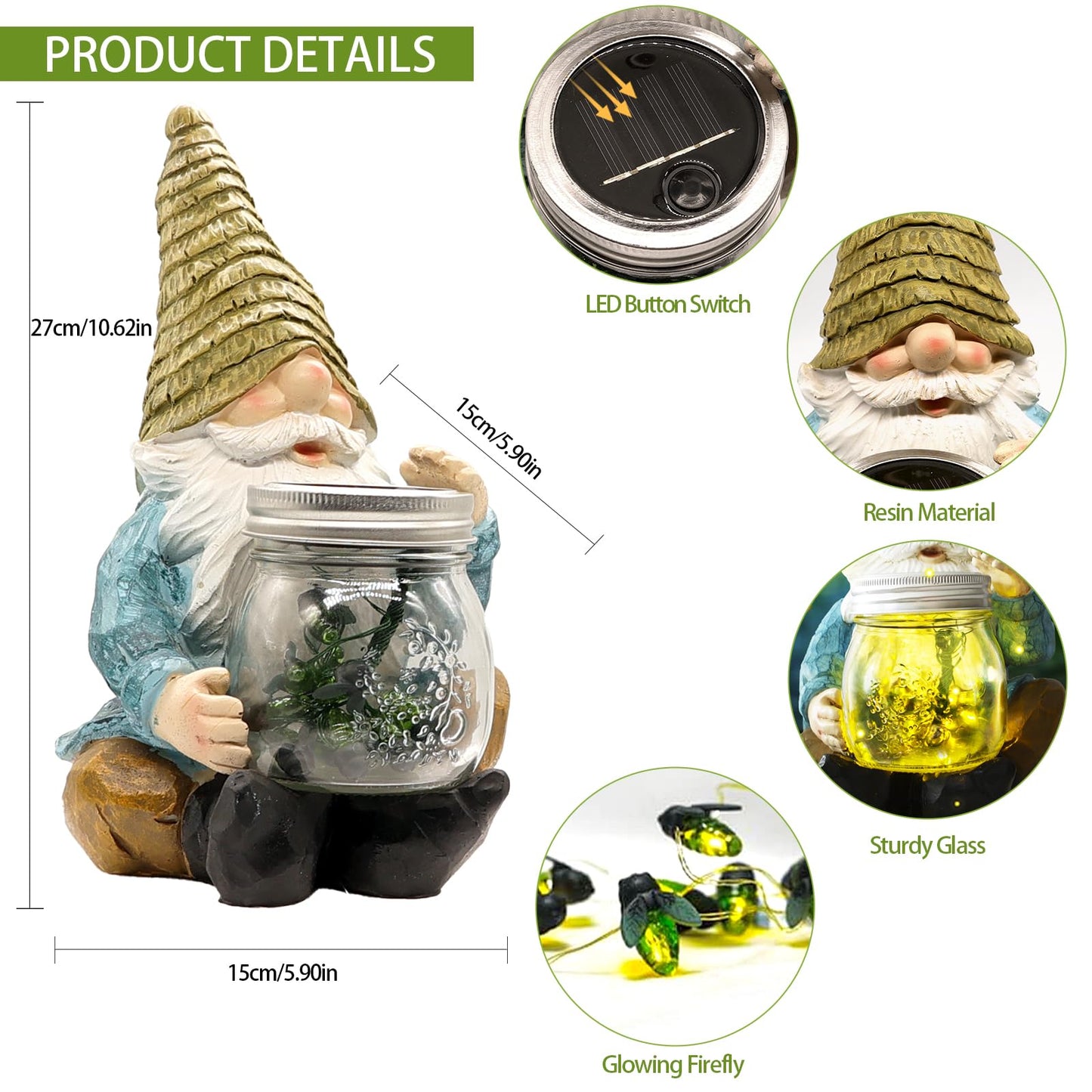 Vcdsoy Solar Firefly Jar Gnome Resin LED Garden Statue