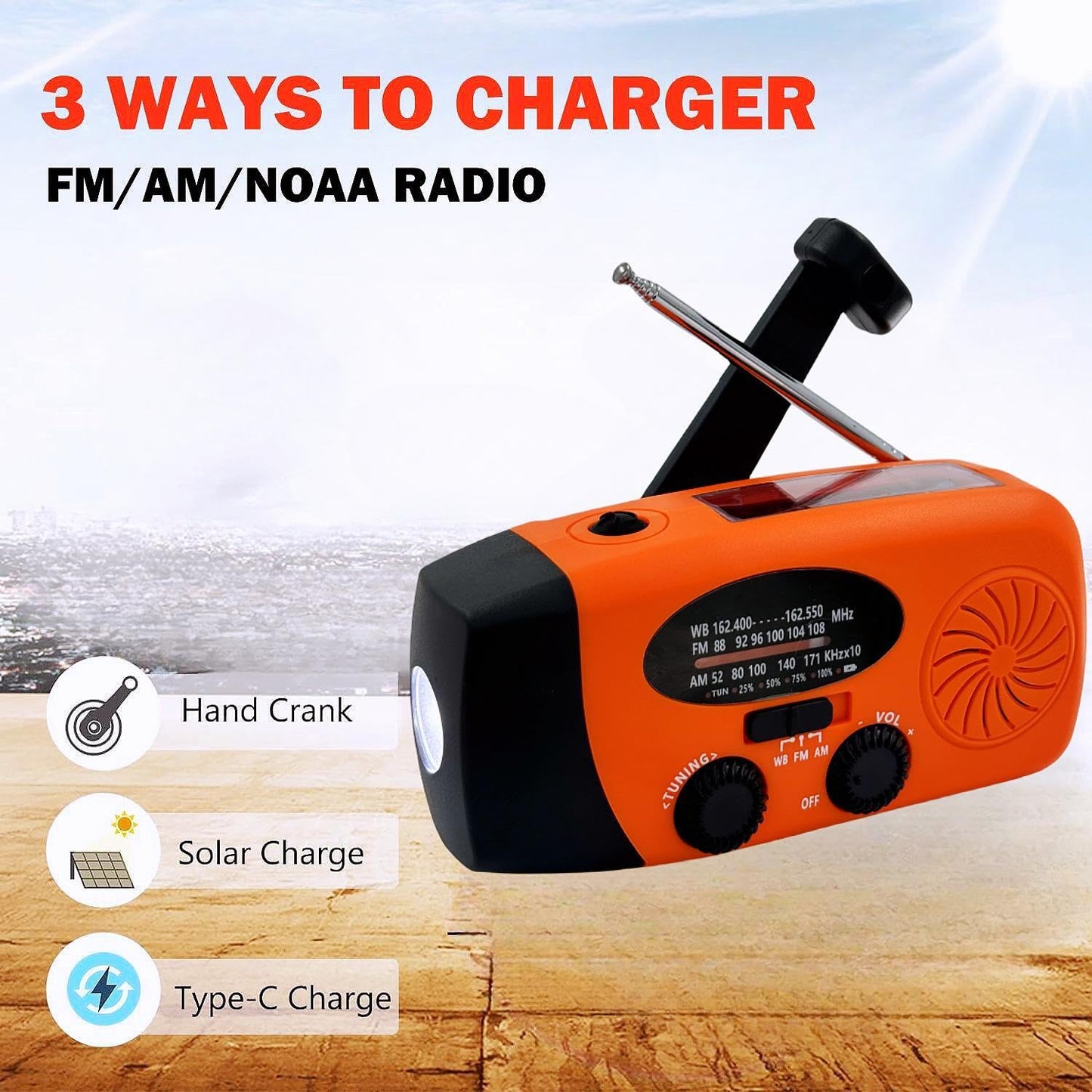 7400mWh Weather Emergency Radio, Portable Solar AM/FM/NOAA Hand Crank Radio, Cell Phone Charger with SOS, 1W LED Flashlight, Headphone Jack, Power for Emergency Preparedness (2000mAh Orange)