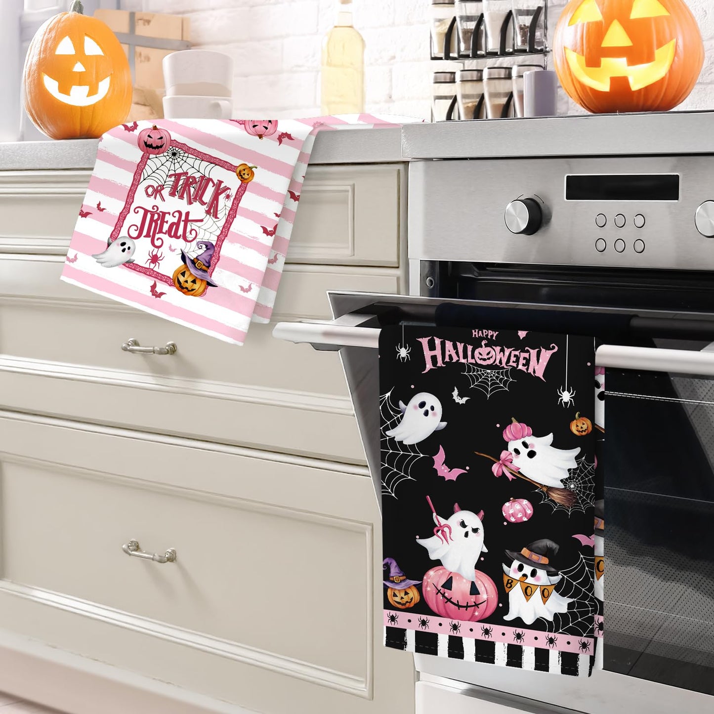 Arquiel Halloween Cute Boo Pumpkin Tea Towels, Cotton Kitchen Towel 18.9 × 27.5 Inch, Quick Drying Dish Cloth for Party Anniversary Holiday Decoration Housewarming Gifts