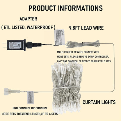 Dazzle Bright 300 LED Curtain String Lights, Waterproof, 8 Lighting Modes, White, Model CL-300CC