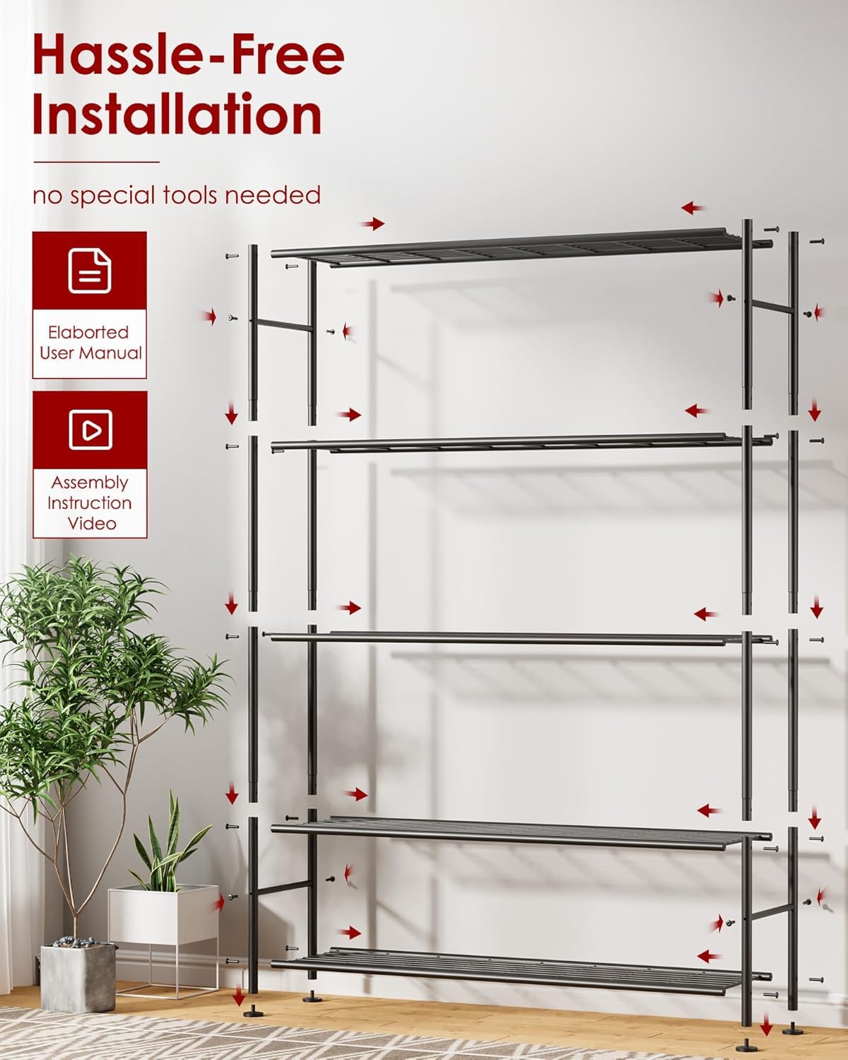 Storage Shelves - 5 Tier Shelf Organizer, Heavy Duty Garage Shelving Unit with Leveling Feet, Stable Metal Shelves Organizer for Pantry, Kitchen and Closet, 33.0" W x 12.6" D x 72.0" H, Black
