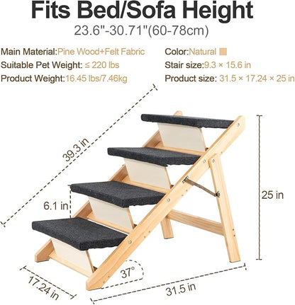MEWANG Wood Pet Stairs & Ramp for Small/Medium Dogs & Cats, Aging Pets – 2-in-1 Foldable, Portable, Non-Slip Pet Ladder for Tall Beds, Couches, Cars – Holds Up to 220 lbs (31.5" L x 17.2" W x 25.0" H)