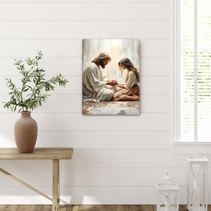 Palette Dreams Jesus And Girl Praying Painting Print Picture Wall Art ，Christian Paintings Religious Canvas Wall Decor Prayer Artwork for Living Room Bedroom Church Prayer Room Decor 12 x 16 Inch Framed