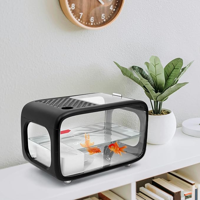 Desktop Fish Tank, 3.2Gal Small Betta Fish & Turtle Tanks, Aquarium Bowl with Detachable Basking Platform, Multi-Functional Areas Aquascape Tanks for Fish Terrapin Frog Shrimp Crab (Black)