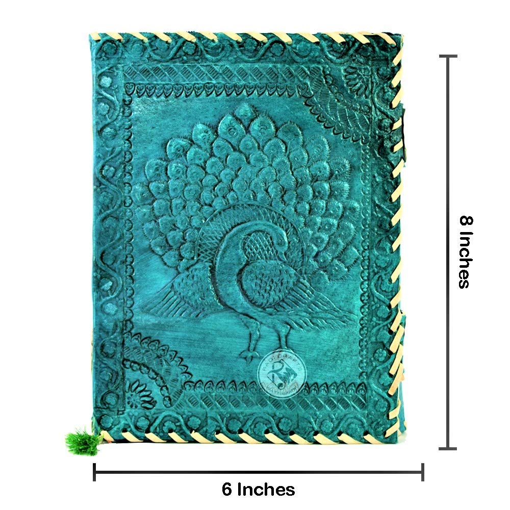 RAQI CRAFTS Premium Vintage Handmade Leather Journal Emboss Celtic Dancing Peacock. Notebook Sketchbook Spells Book Travel Diary Gift Man Woman 8x6in Turquoise