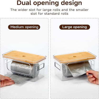 2-Pack Trash Bag Holder,Trash Bag Dispenser with Bamboo Lid, Stackable Acrylic Garbage Bag Dispenser for Under Sink Use in Kitchen, Laundry Room, and Pantry, Large Capacity Garbage Bag Holder