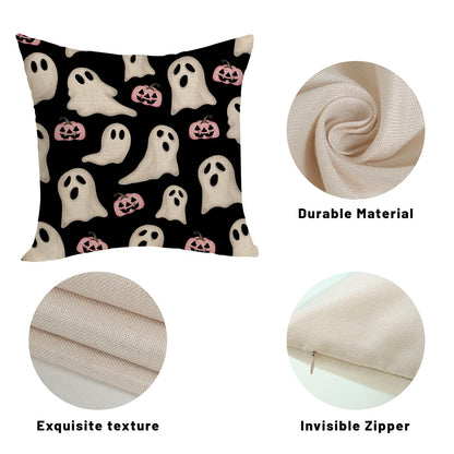 Halloween Pillow Covers 18x18 Inch Set of Black Pink Ghost Pumpkin Throw Pillow Covers Outdoor Decor,Autumn Halloween Decoration Ghost Farmhouse Linen Decorative Cushion Cover for Sofa Couch