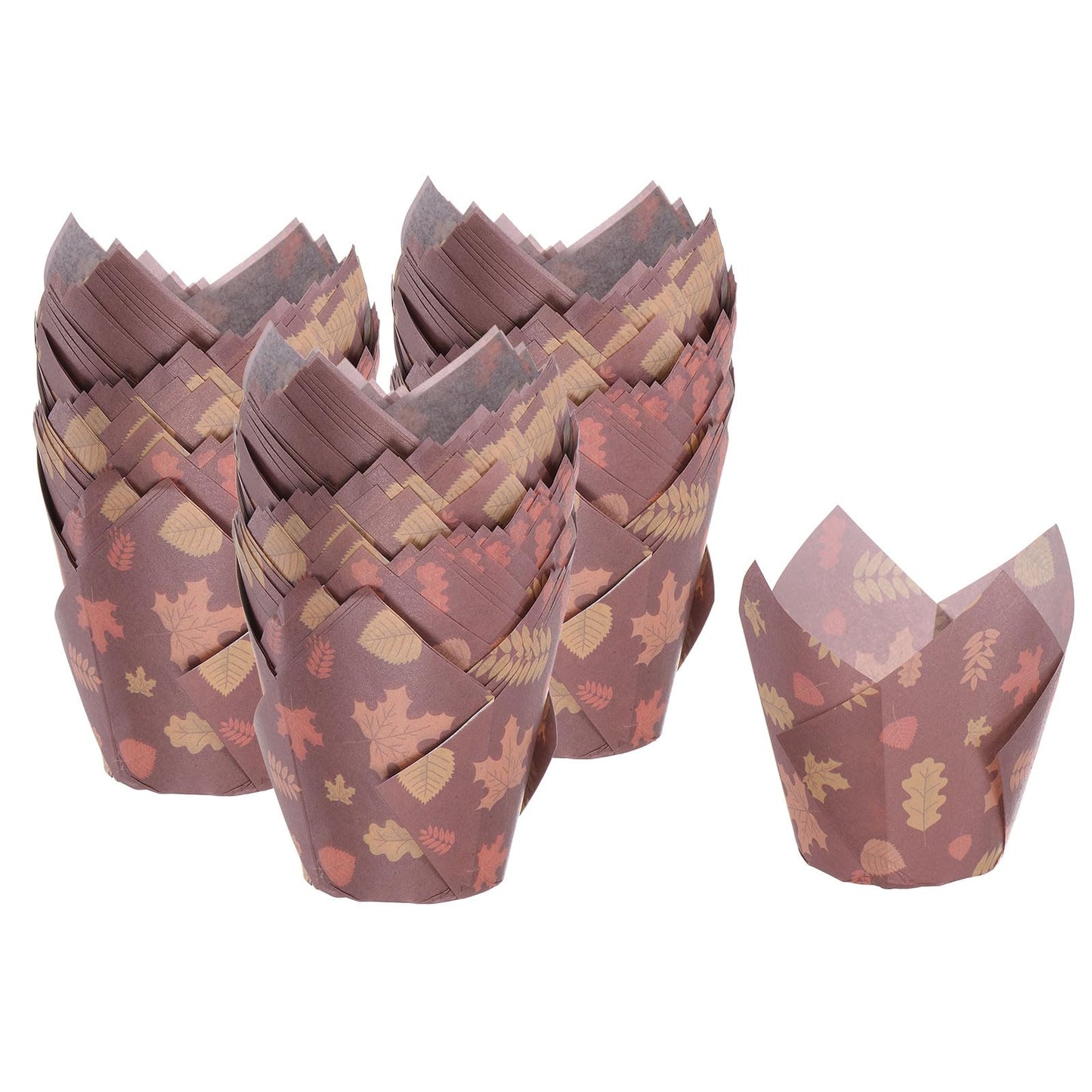 HARFINGTON 150pcs Tulip Cupcake Liners Greaseproof Baking Cups Paper Cupcake Wrappers Holders for Parties Weddings Birthdays, Dark Maple Leaf