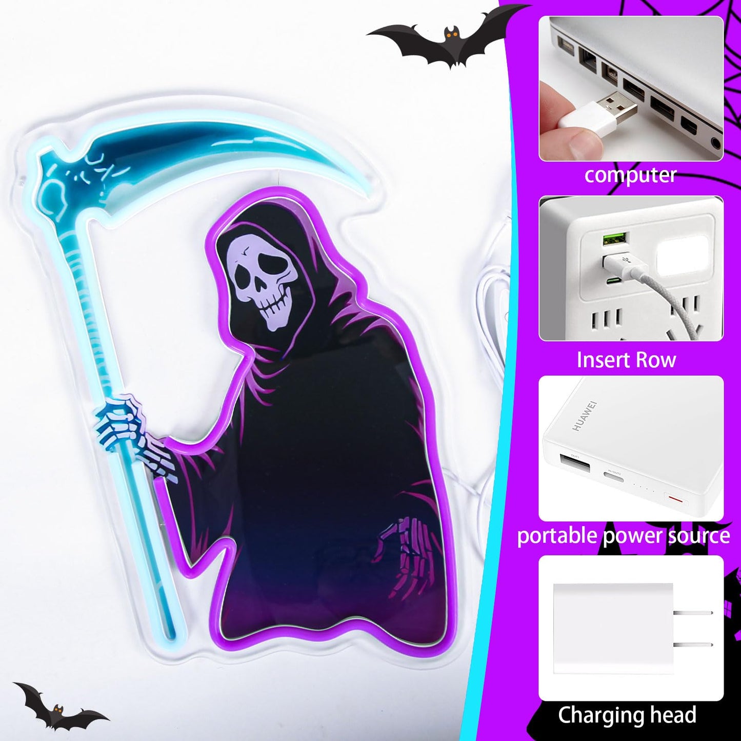 Grim Reaper Neon Sign with Scythe, Dimmable LED Skeleton Neon Light for Wall Decor, Gothic Room, Man Cave, Bar, Game Room Decor Gifts
