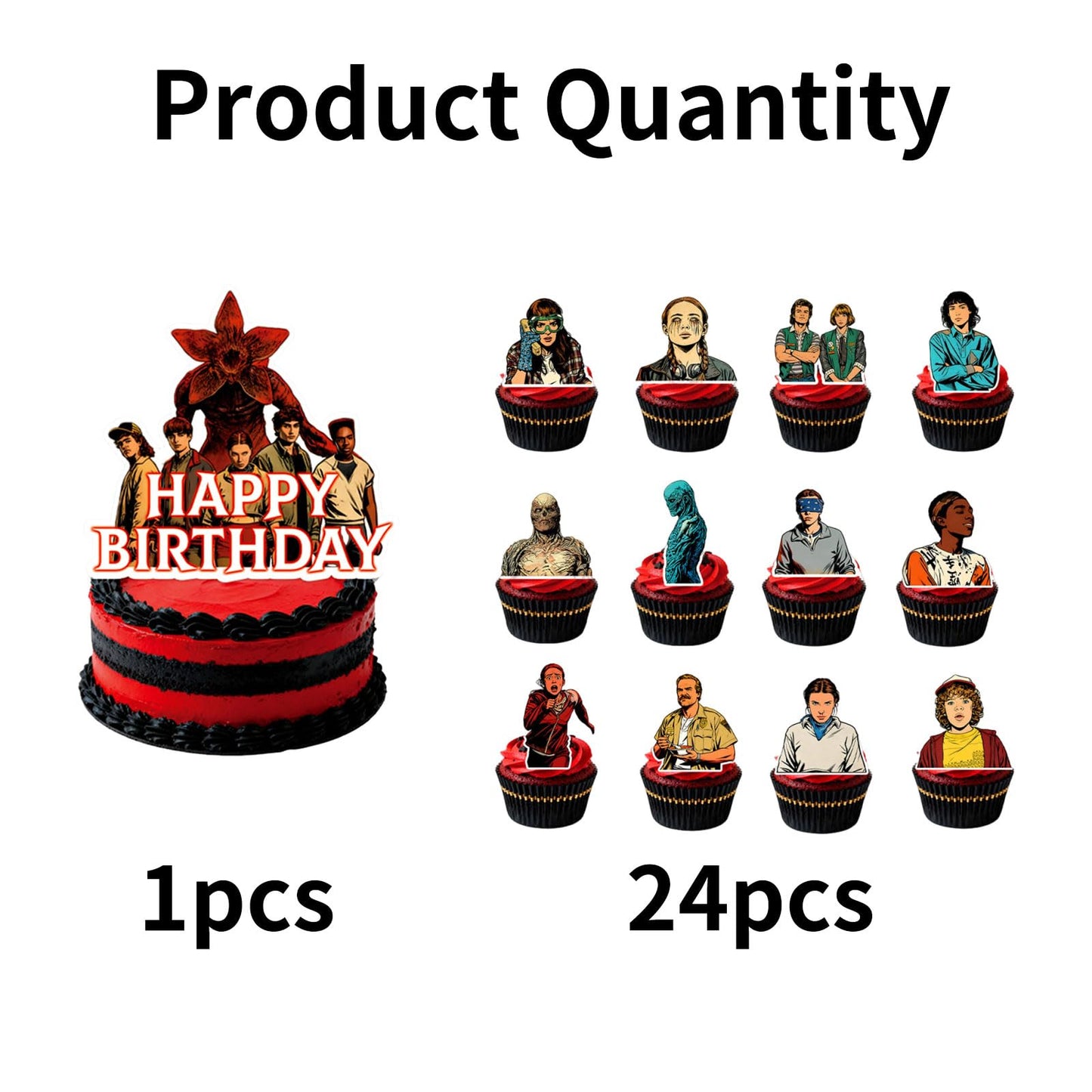 25 Pcs TV Series Character Happy Birthday Cake Toppers, Horror Theme Cake Topper, Includes 1 Happy Birthday Topper and 24 Dessert Decorations.