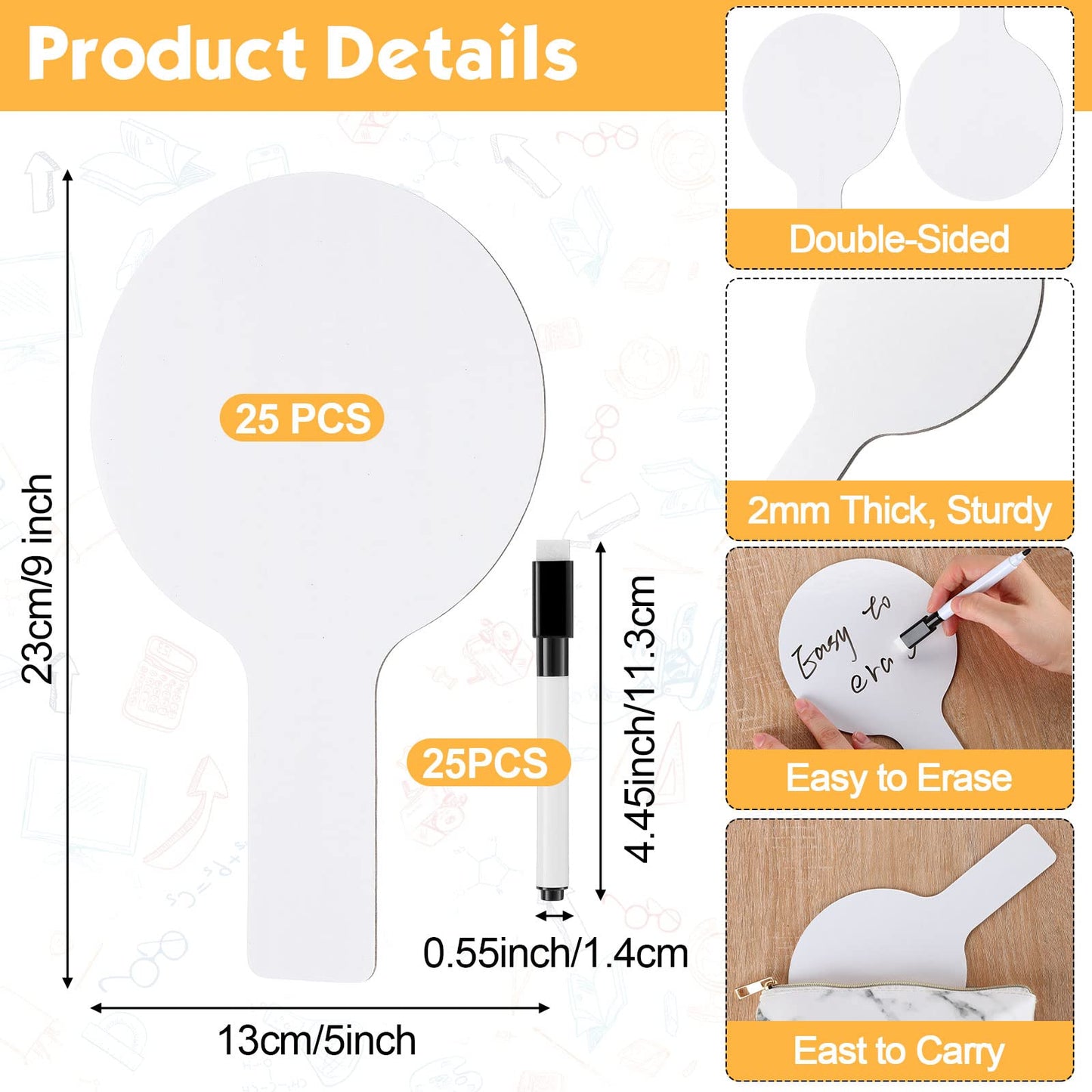25 Sets 5x9 Inch Answer Dry Erase Paddles and 25 Black Marker Set Handheld Small Dry Erase Board Double Sided Auction Paddles Handheld Whiteboard for Classroom Voting Answering Auction Bidding