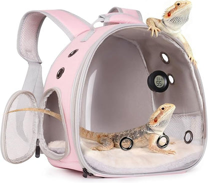 Bearded Dragon Travel Backpack Carrier with Reptile Thermometer and Humidity Gauge Lizard Travel Cage Space Capsule Clear Bubble Window Astronaut Reptile Carrier Bag for Ball Python (Pink, Backpack)
