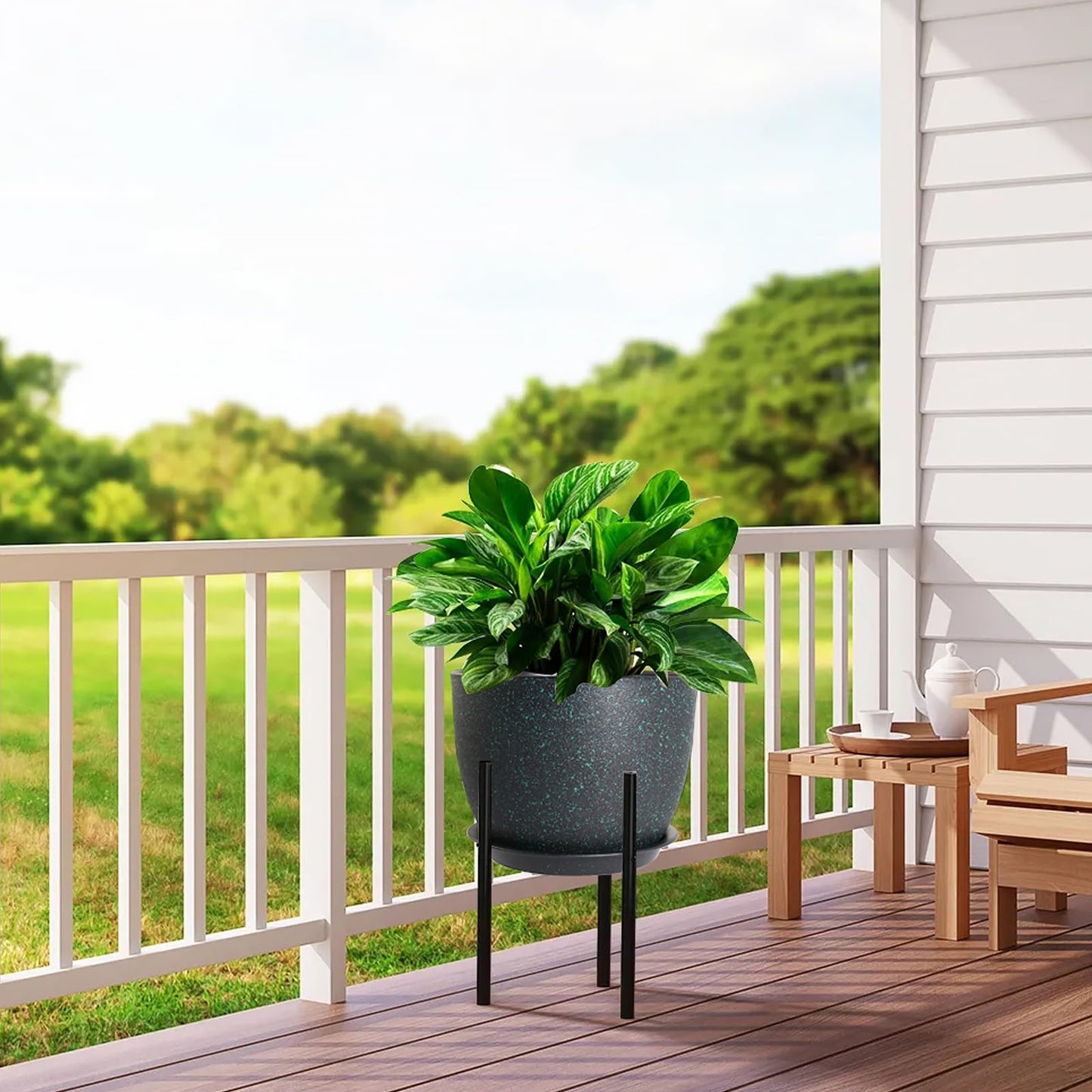 UOUZ 12/10/9 Large Modern Plant Pots, Plastic Planters with Drainage Holes and Saucers for Indoor Outdoor Plants Flowers, Black with Green Speckles