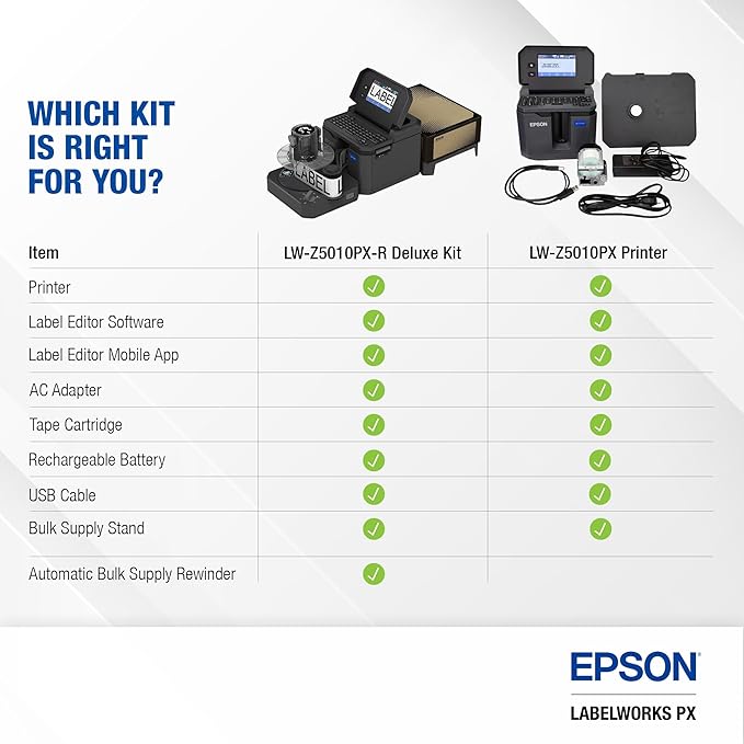 LABELWORKS Epson LW-Z5010PX-B Industrial Label Maker and Bonus Bulk 1" Black on White Vinyl Tape - Complete Printer Kit with Accessories, Bulk Label Roll B224VTBWPX, Desktop Printer