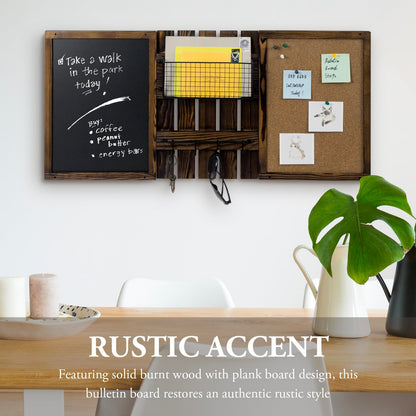MyGift 3 Panel Wall Mounted Entryway Bulletin Board Combo Set with Rustic Burnt Solid Wood Frame with a Chalkboard, Cork Board, Black Metal Mail Basket, and Hanging Rail