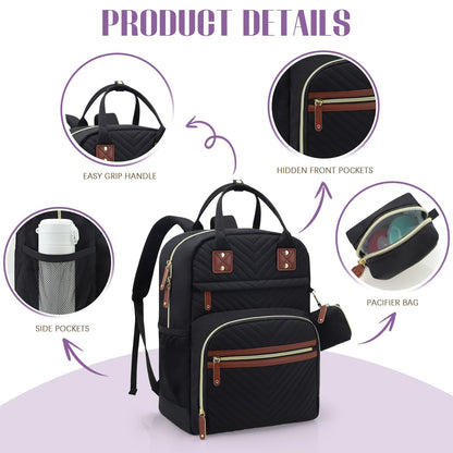 Tuwubi Diaper Bag Backpack, Baby Essentials Travel Tote Bag, Multi function Waterproof Backpacks, Travel Essentials with Stroller Straps & Pacifier Case - Black