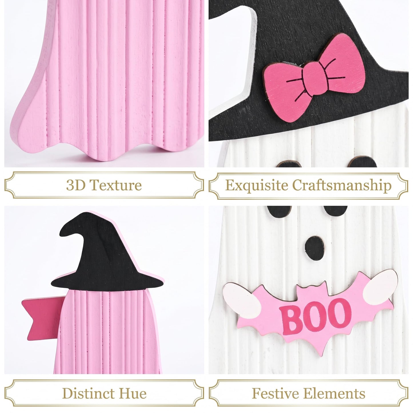 Valery Madelyn Pink Halloween Decorations, Set of 2 Cute Halloween Ghost Decor, Witch Hat Boo & Trick or Treat Wooden Tabletop Signs for Home, Shelf, Tiered Tray Party Display, 5 Inch