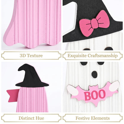 Valery Madelyn Pink Halloween Decorations, Set of 2 Cute Halloween Ghost Decor, Witch Hat Boo & Trick or Treat Wooden Tabletop Signs for Home, Shelf, Tiered Tray Party Display, 5 Inch
