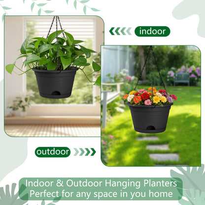 Nooulap 4 Pack Hanging Planters, 10 Inch Hanging Plant Pot with Hanger Chain & Drainage Trays, Hanging Baskets for Plants Outdoor Indoor, Flowers Pots for Home, Garden, Porch Decor (Black)