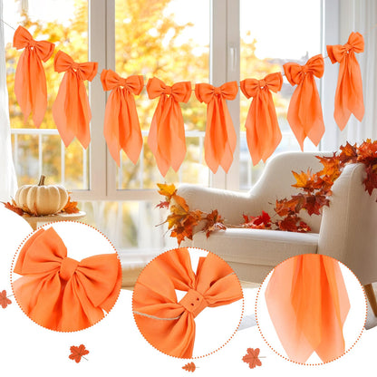 Orange Fall Bow Garland, Autumn Chiffon Bows Garland Thanksgiving Pumpkin Bow Banner Fall Decor for Mantle Fireplace Decor, Home Office Thanksgiving Halloween Harvest Decorations