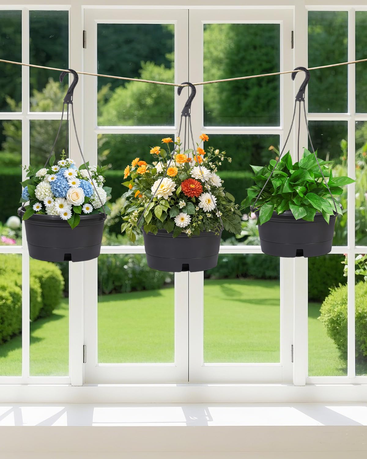 VIDELLY 12 Inch Large Hanging Planters for Indoor Plants,2 Pack Plastic Hanging Basket Pots with Drainage Trays & Chain Holders for Outdoor Indoor Plants Garden Balcony Decoration (Dark Gray)
