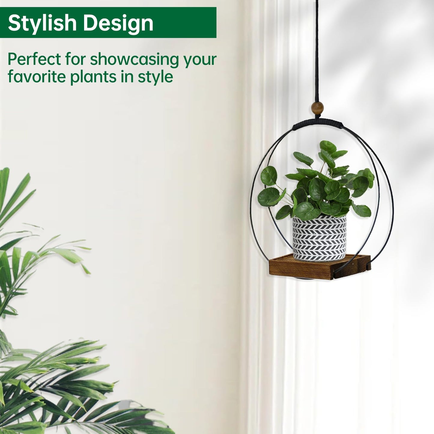 Hanging Planter for Indoor Plants, Black Plant Hanger Indoor with Sturdy Wood Base, Modern Boho Macrame Plant Hanger for 3-5.5 Inch Pot, Hanging Wall Ceiling Window Home Decor (Pots Not Included)