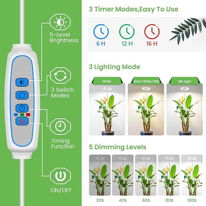 Aokrean Grow Lights for Indoor Plants, 6000K Full Spectrum Plant Grow Lights, Height Adjustable 10"-65" Growing Lamp, Automatic Timer 6/12/16Hrs, 5-Level Dimmable, Idea for Large Plant, 2 Pack