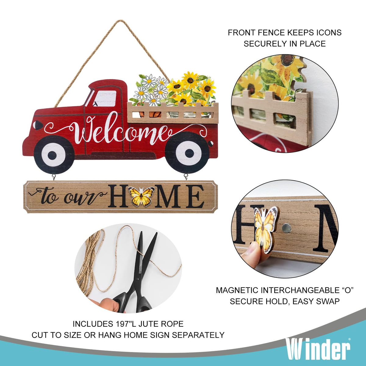 Winder 20Pcs Interchangeable Welcome Sign for Front Door,Seasonal Red Truck Decor Hanging Sign for Valentines,Easter, Independence Day,Halloween,Christmas Home Decor,Housewarming Gift